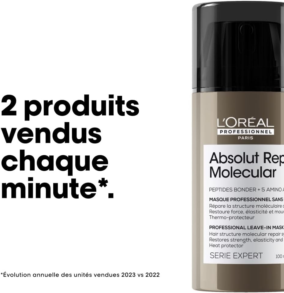 L'OREAL PROFESSIONNEL - Masque Réparateur & Thermoprotecteur Sans Rinçage Absolut Repair Molecular - Répare 2 Ans de Dommages en Une Application - +97% de Force - Cheveux Secs & Abîmés - 100 ml