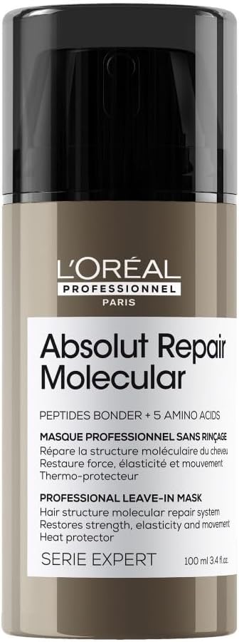 L'OREAL PROFESSIONNEL - Masque Réparateur & Thermoprotecteur Sans Rinçage Absolut Repair Molecular - Répare 2 Ans de Dommages en Une Application - +97% de Force - Cheveux Secs & Abîmés - 100 ml
