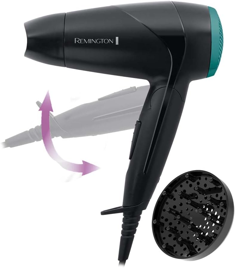 Remington Sèche-cheveux de voyage [Ultra Compact, Léger & Puissant] On the go pliable (2000W, voltage universel, 2 niveaux de températures et puissance, concentrateur, diffuseur) D1500