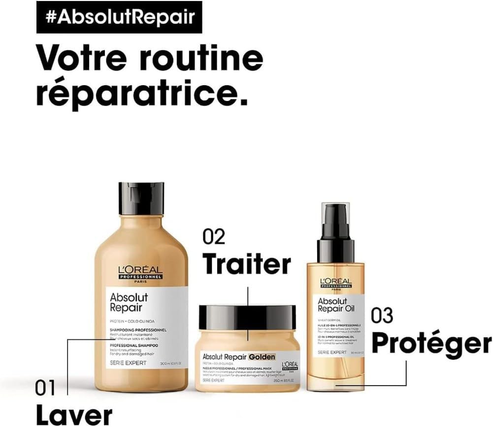 L'Oréal Professionnel, Absolut Repair, Cheveux Secs & Abîmés, Shampoing Réparateur, Masque Restructurant, Huile 10 en 1, Répare Instantanément, Protège & Nourrit la Fibre, Série Expert