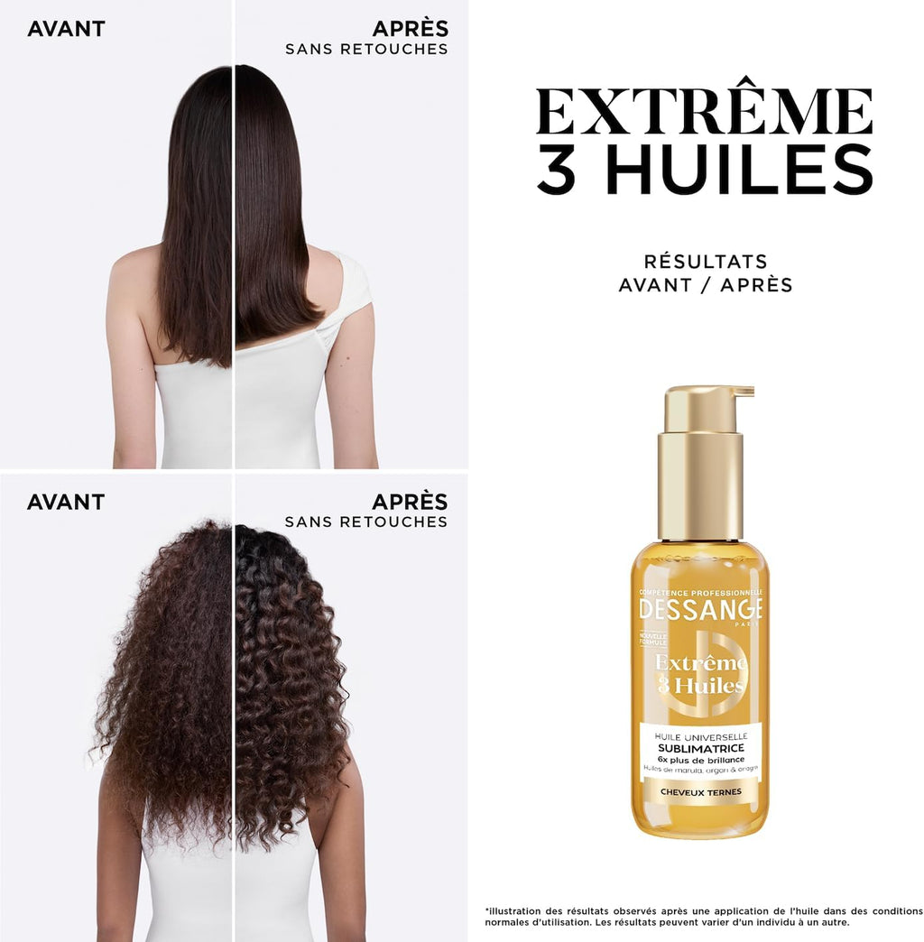 DESSANGE - Huile Cheveux Universelle Sublimatrice Extrême 3 Huiles - Formule Enrichie En Huiles De Marula, D’Argan & D'Onagre - Nourrit, Protège, Répare - Pour Cheveux Ternes - 110ml