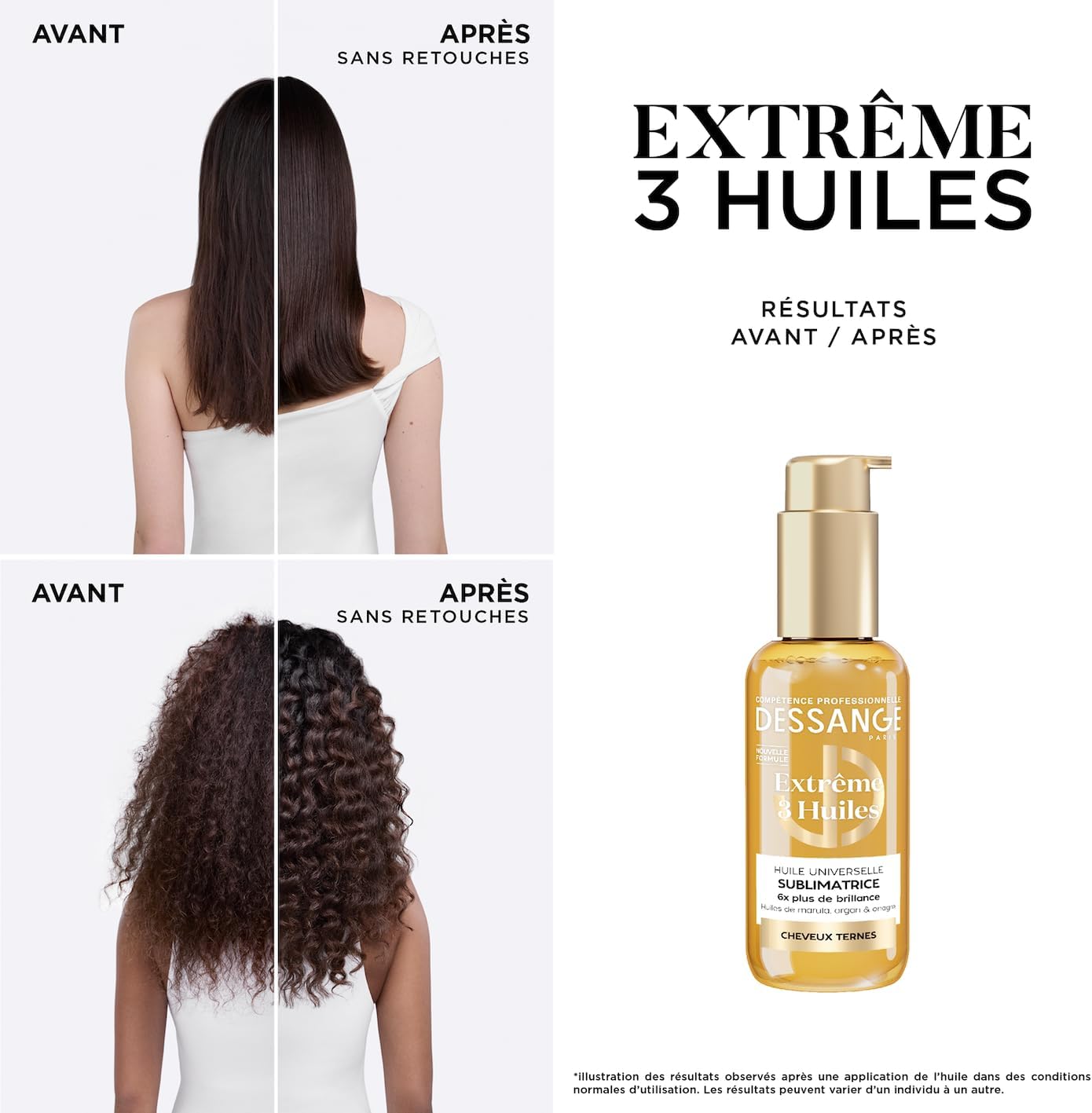 DESSANGE - Huile Cheveux Universelle Sublimatrice Extrême 3 Huiles - Formule Enrichie En Huiles De Marula, D’Argan & D'Onagre - Nourrit, Protège, Répare - Pour Cheveux Ternes - 110ml