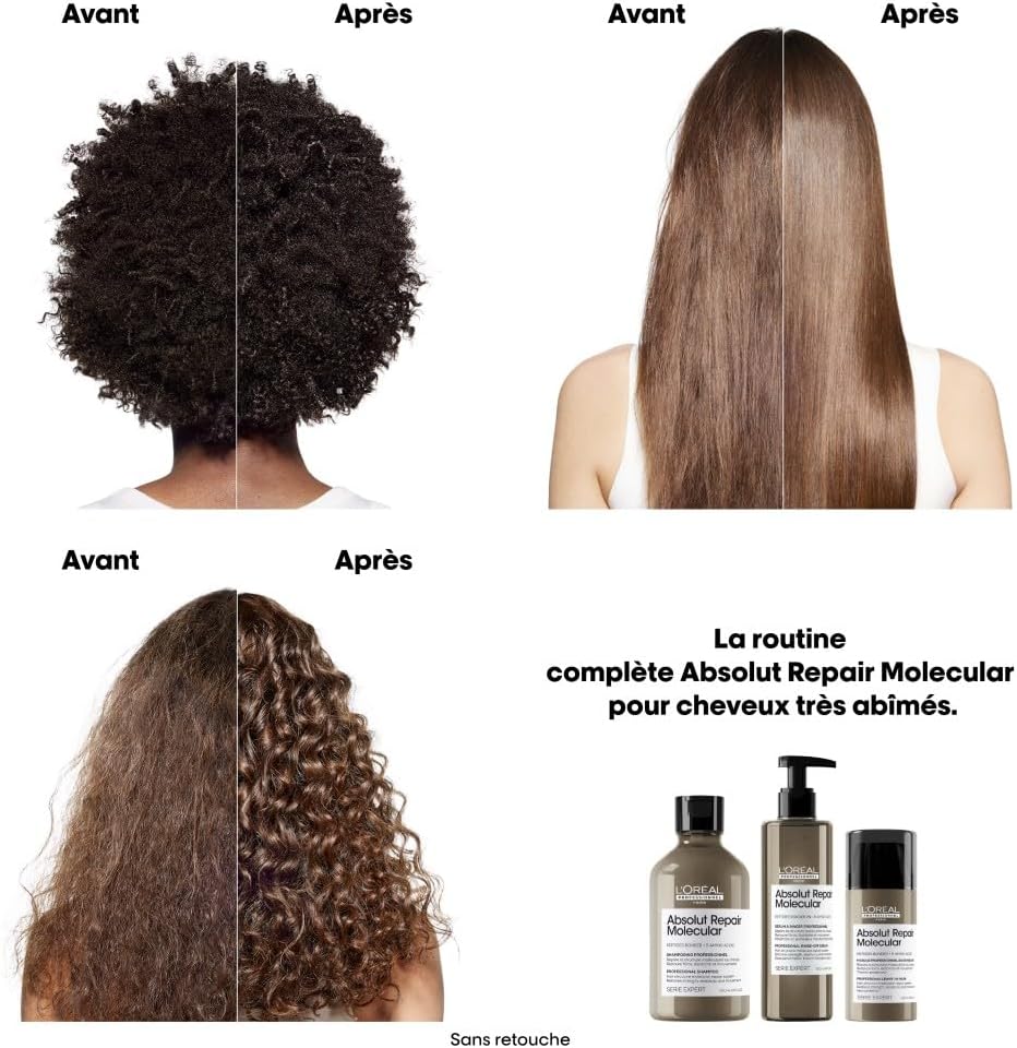 L'OREAL PROFESSIONNEL - Masque Réparateur & Thermoprotecteur Sans Rinçage Absolut Repair Molecular - Répare 2 Ans de Dommages en Une Application - +97% de Force - Cheveux Secs & Abîmés - 100 ml