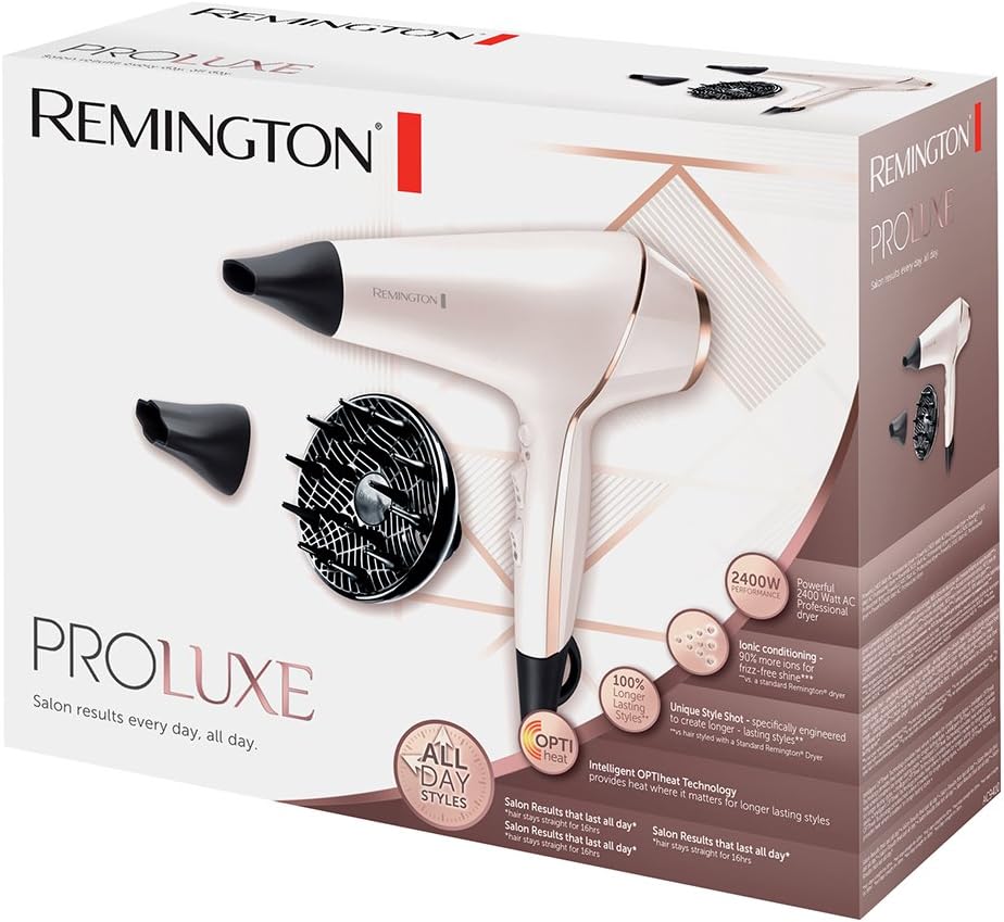 Remington Sèche-cheveux Ionique [Technologie OptiHeat] PROluxe (2400W, moteur AC longue durée, tenue 24 H & résultat salon, 3 températures/ 2 vitesses, 3 concentrateurs + 1 diffuseur volume) AC9140