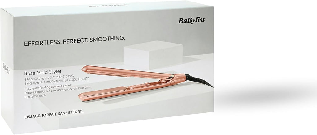 BaByliss Lisseur Cheveux Rose Gold - Plaques en Céramique, Multi-voltage, Utilisation universelle, Chauffe ultra-rapide en 15 sec, 3 réglages de température jusqu'à 235°C, 2598PE