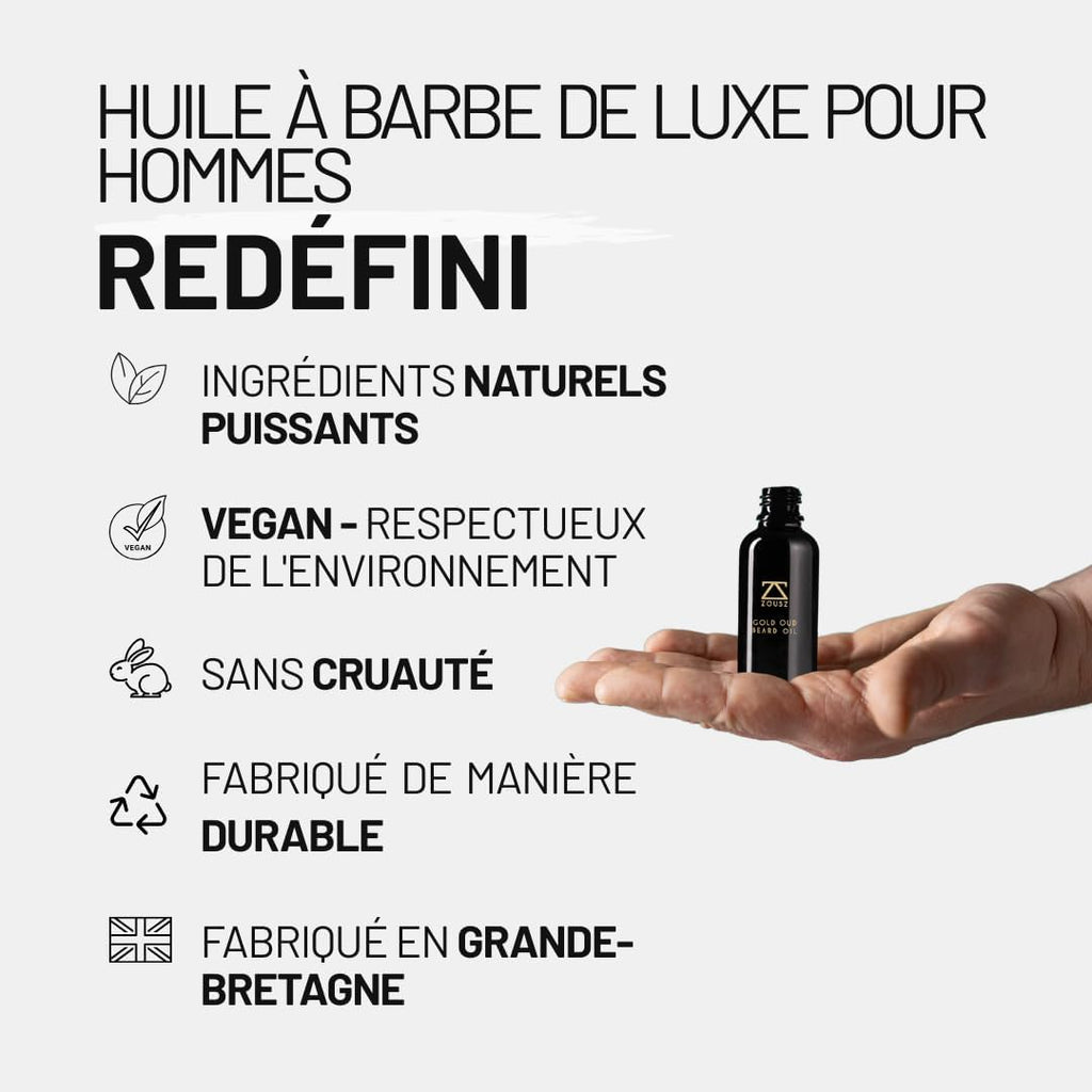 ZOUSZ Gold Oud Huile Barbe Homme – Huile Pousse Barbe avec Huiles d’Argan et Avocat – Parfum Santal – Pousse Serum Adoucit, Renforce et Nourrit les Poils du Visage – Flacon 30ml
