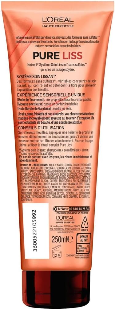 L'Oréal Paris Pure Liss Shampoing Sans Sulfate à l'Huile de Tournesol - Lissage & Discipline - Cheveux Frisés & Indomptables - 250 ml
