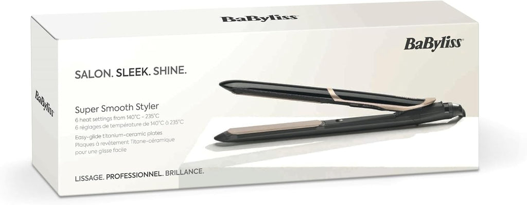 BaByliss Lisseur Cheveux Super Smooth- Technologie ionique anti-frisottis, Tapis thermorésistant, Plaques en céramique pour un lissage parfait, Chauffe ultra-rapide, Températures de 140-235°C, ST393E