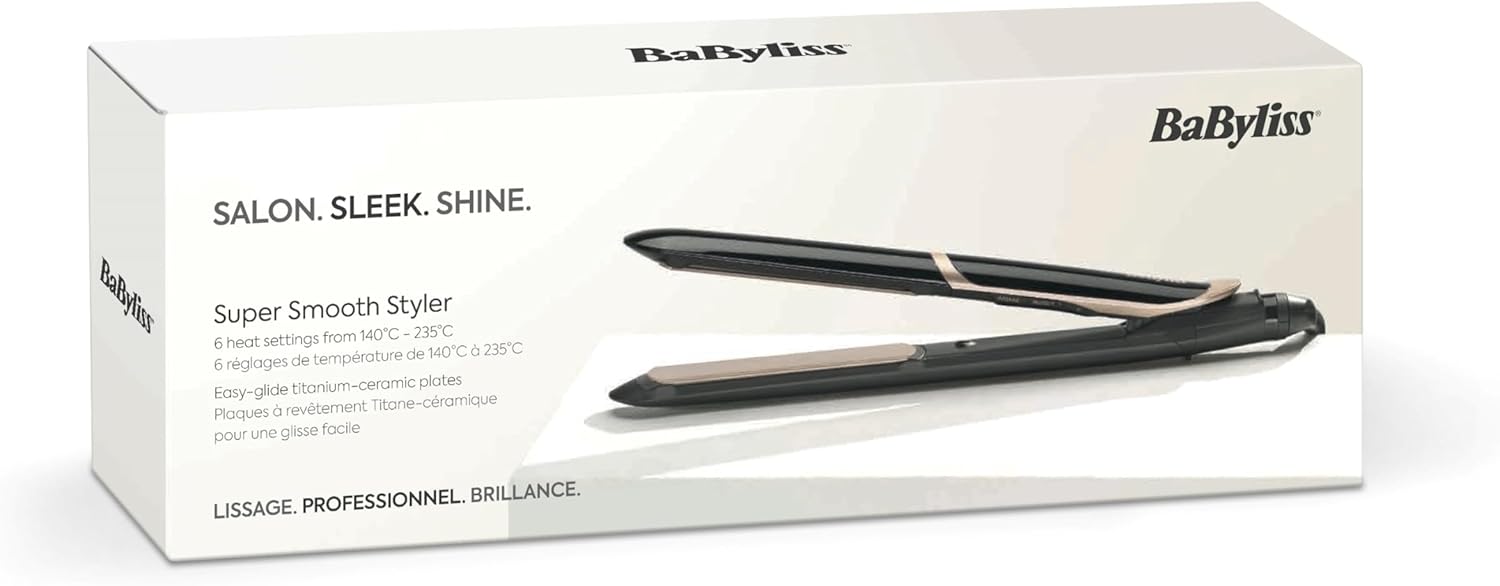 BaByliss Lisseur Cheveux Super Smooth- Technologie ionique anti-frisottis, Tapis thermorésistant, Plaques en céramique pour un lissage parfait, Chauffe ultra-rapide, Températures de 140-235°C, ST393E