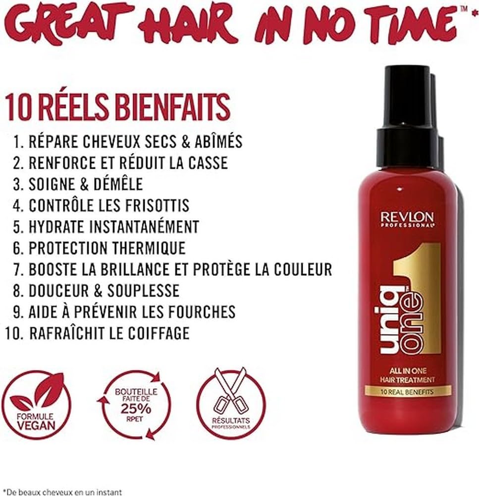 Revlon Professional UniqOne - Masque cheveux en Spray 10 en 1 - Protecteur de Chaleur pour Cheveux - Soin des Cheveux Sans Rinçage - Spray Cheveux Formule Vegan - Tous Types de Cheveux - 150 ml