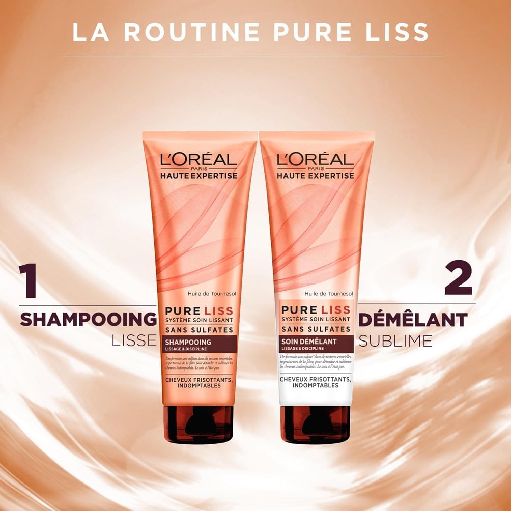 L'Oréal Paris Pure Liss Shampoing Sans Sulfate à l'Huile de Tournesol - Lissage & Discipline - Cheveux Frisés & Indomptables - 250 ml