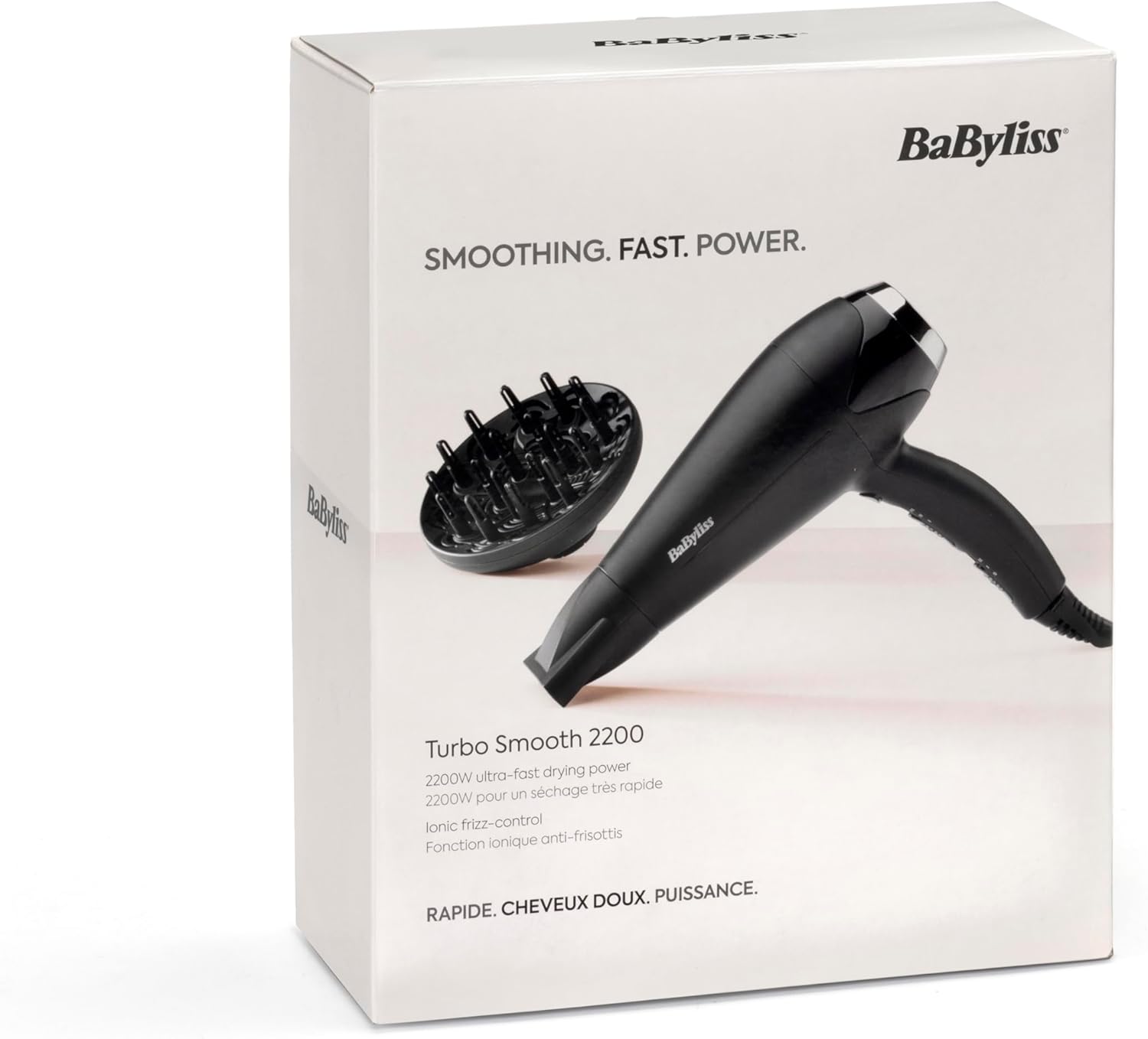 BaByliss Sèche-cheveux Turbo Smooth - Sèche-cheveux puissant de 2200W, Diffuseur large, Technologie ionique anti-frisottis, 3 réglages de température et 2 réglages de vitesse, noir, D572DE