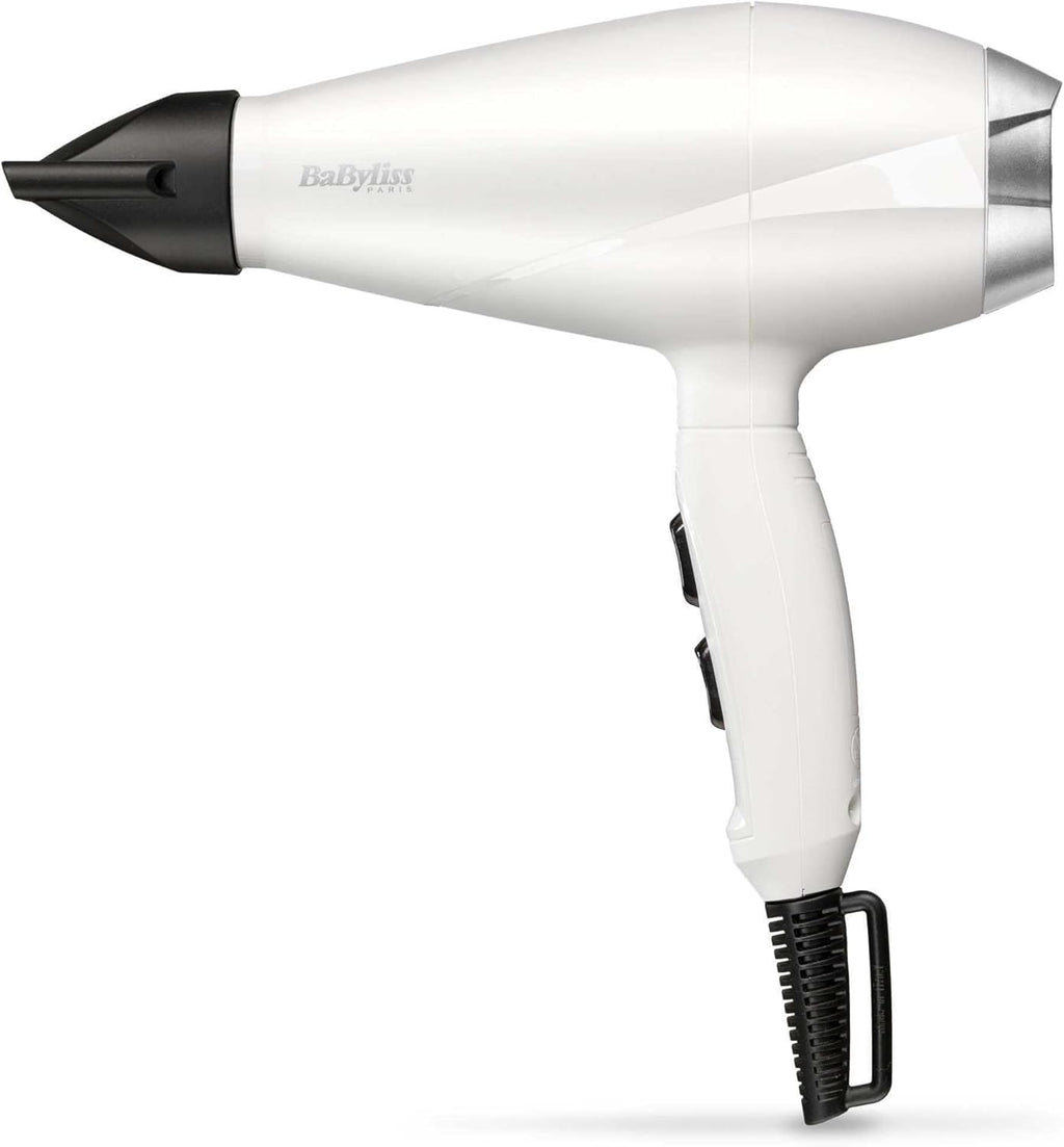 BaByliss Sèche-cheveux Speed Pro 2000 Sèche cheveux 2000W Moteur Professionnel AC Fabriqué en Italie Léger Technologie Ionique Anti-Frisottis 3 réglages température 2 réglages vitesses Blanc 6704WE