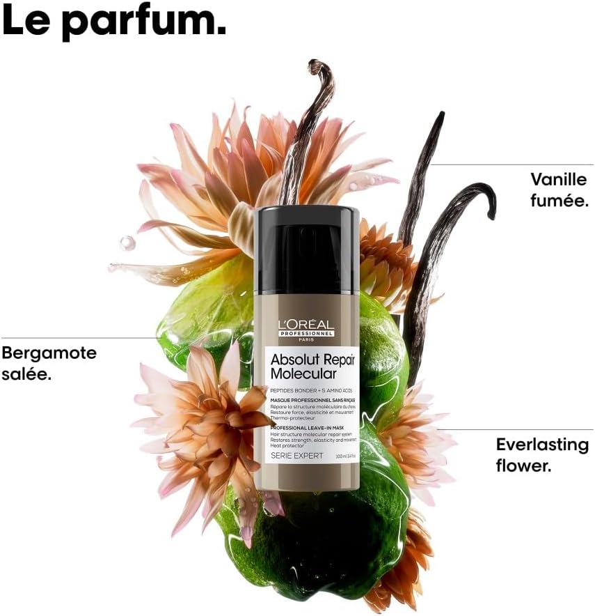L'OREAL PROFESSIONNEL - Masque Réparateur & Thermoprotecteur Sans Rinçage Absolut Repair Molecular - Répare 2 Ans de Dommages en Une Application - +97% de Force - Cheveux Secs & Abîmés - 100 ml