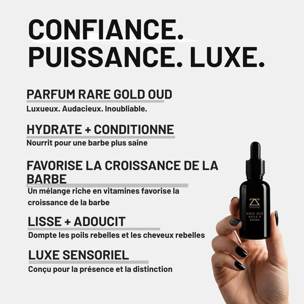ZOUSZ Gold Oud Huile Barbe Homme – Huile Pousse Barbe avec Huiles d’Argan et Avocat – Parfum Santal – Pousse Serum Adoucit, Renforce et Nourrit les Poils du Visage – Flacon 30ml