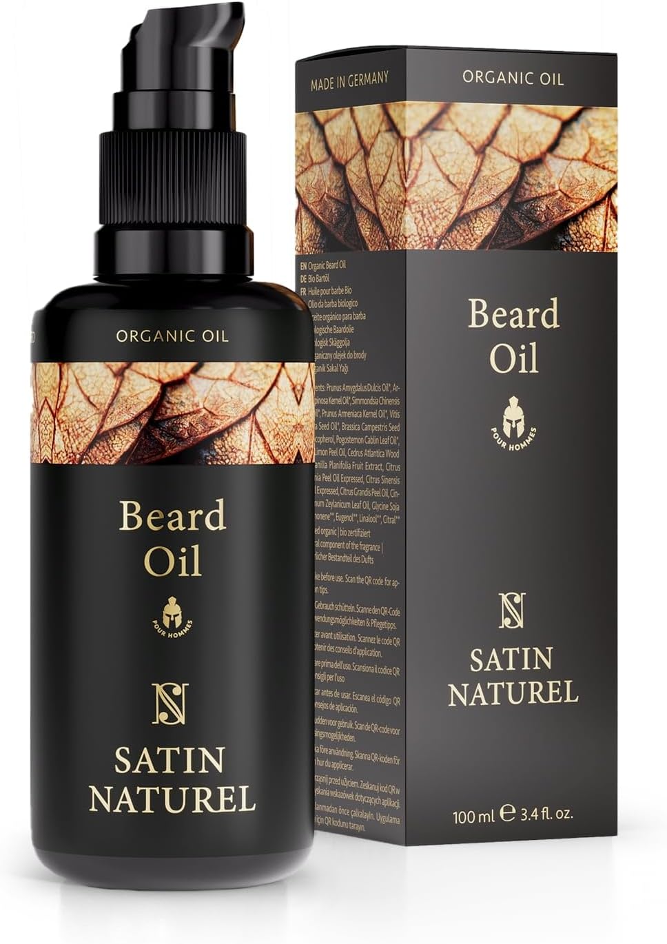 Satin Naturel Huile Barbe Homme Bio 100ml – Argan, Amande Douce & Jojoba – Soin Barbe pour Pousse & Douceur – Barbe Soignée & Hydratée – Pour Peaux Sensibles
