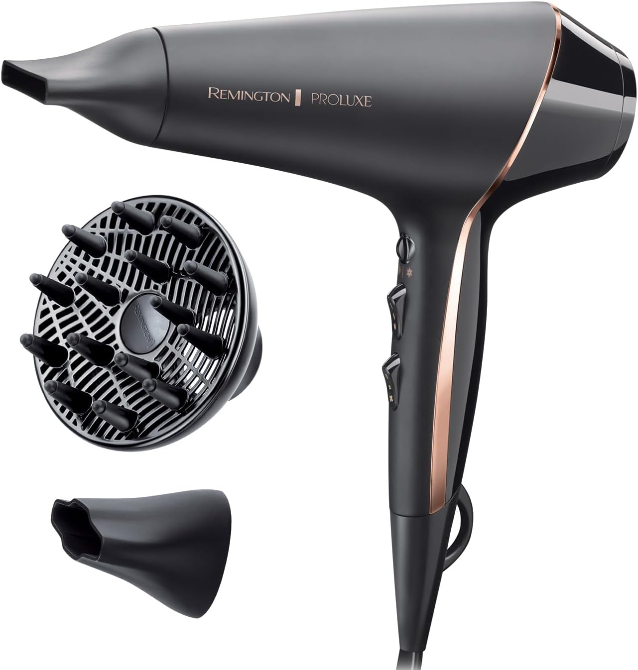 Remington Sèche-cheveux Ionique [Technologie OptiHeat] PROluxe Midnight (2400W, moteur AC pro durable, résultat salon & longue tenue, soin ionique, 3 concentrateurs + 1 diffuseur volume) AC9140B