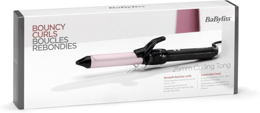 BaByliss Boucleur à pince 25 mm Curling Tong - Cylindre à revêtement ultra-doux Sublim' Touch, 10 réglages de température, Boucleur professionnel avec support de sécurité intégré, Noir et rose, C325E