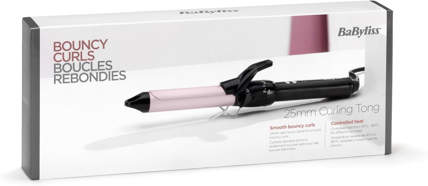 BaByliss Boucleur à pince 25 mm Curling Tong - Cylindre à revêtement ultra-doux Sublim' Touch, 10 réglages de température, Boucleur professionnel avec support de sécurité intégré, Noir et rose, C325E