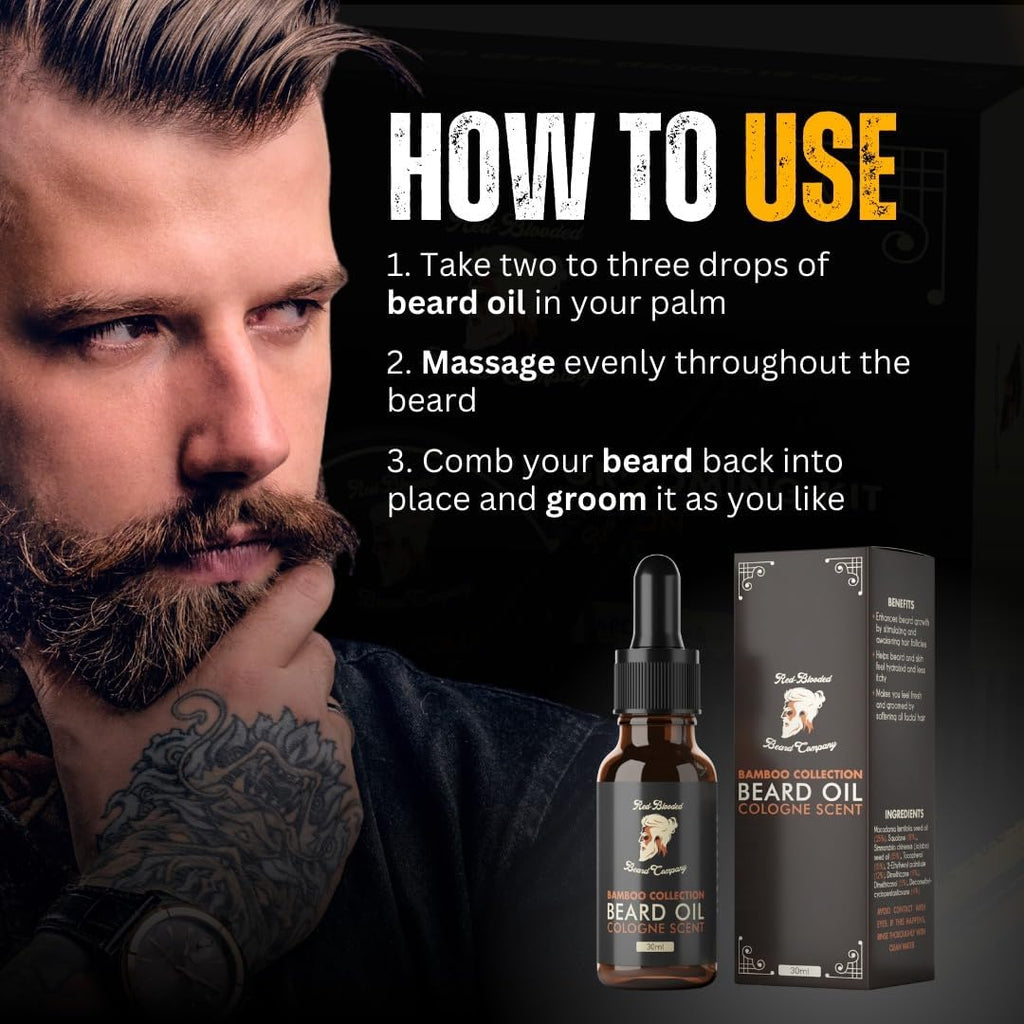 Red-Blooded Huile Barbe Homme parfumée à la Cologne - Aidant votre barbe à avoir un aspect, une sensation et une odeur irrésistibles - Végétalien