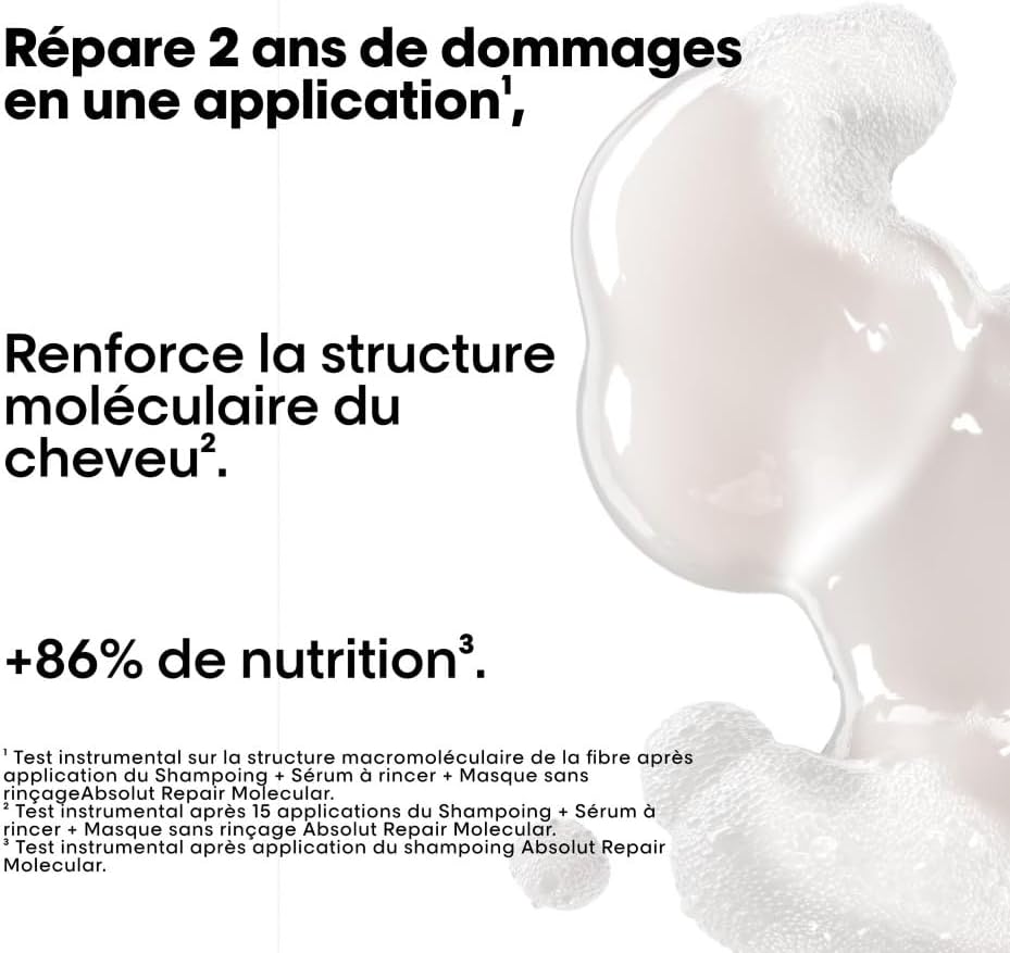 L’Oréal Professionnel, Shampoing Réparateur Sans Sulfate,Tous types de Cheveux Abîmés, Nourrit & Restaure en Profondeur les Dommages de la Fibre, Formule Brevetée, Absolut Repair Molecular