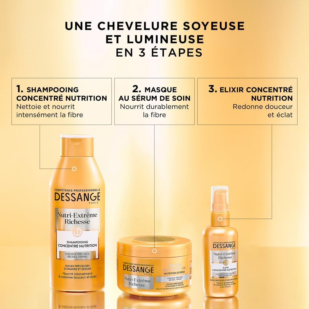 DESSANGE - Coffret Nutri-Extrême Richesse - Shampoing Nourrissant + Masque Capillaire + Elixir Concentré Nutrition - Nourrit Intensément & Redonne Douceur - Pour Cheveux Très Secs, Rêches, Ternes