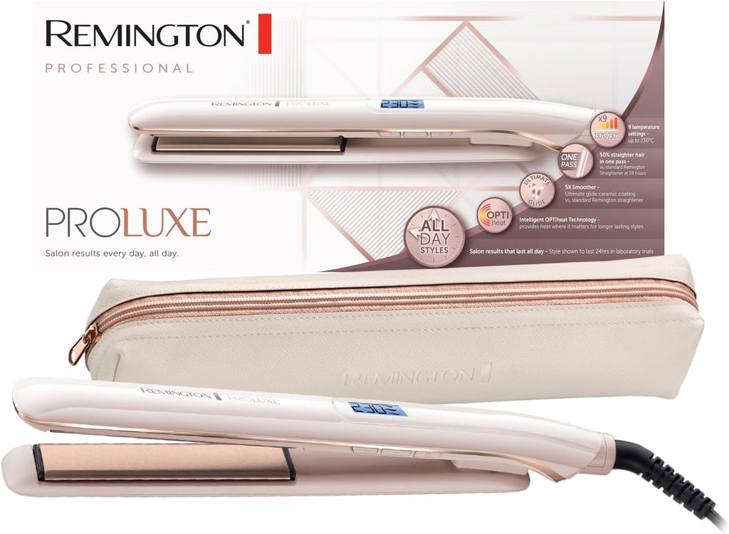 Remington Lisseur Cheveux [Résultat Professionnel longue tenue] PROluxe (Lissage en 1 seul passage, Céramique, Léger, Glisse facile, Ecran LCD, 150-230°C, pochette) Fer à lisser S9100