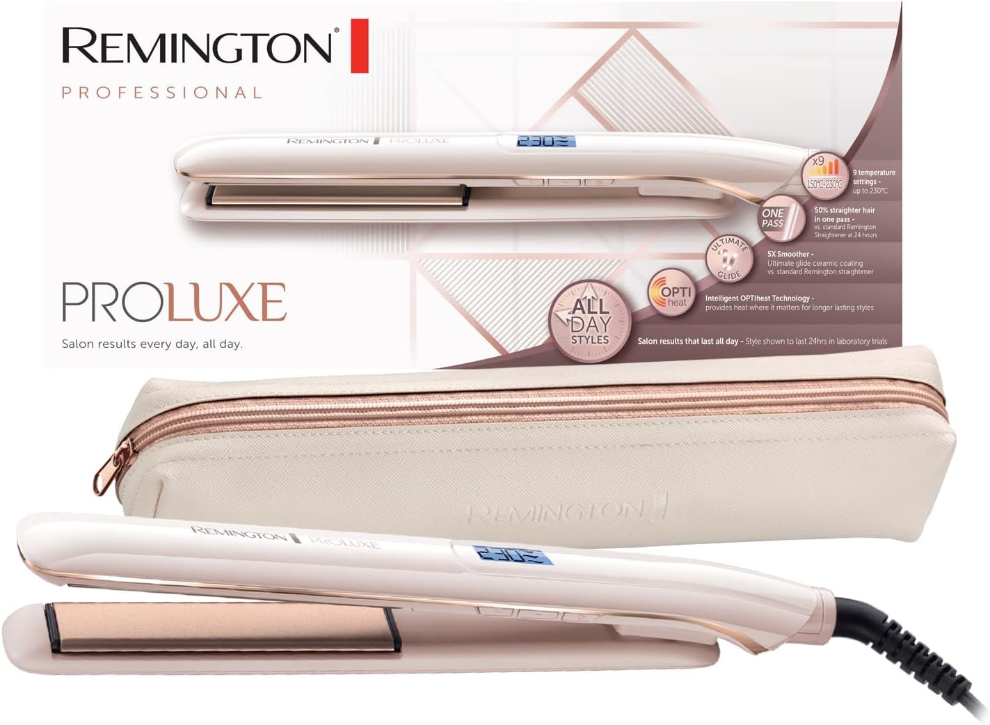 Remington Lisseur Cheveux [Résultat Professionnel longue tenue] PROluxe (Lissage en 1 seul passage, Céramique, Léger, Glisse facile, Ecran LCD, 150-230°C, pochette) Fer à lisser S9100