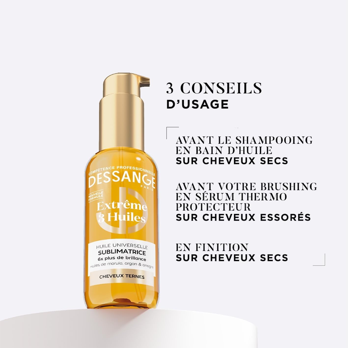 DESSANGE - Huile Cheveux Universelle Sublimatrice Extrême 3 Huiles - Formule Enrichie En Huiles De Marula, D’Argan & D'Onagre - Nourrit, Protège, Répare - Pour Cheveux Ternes - 110ml
