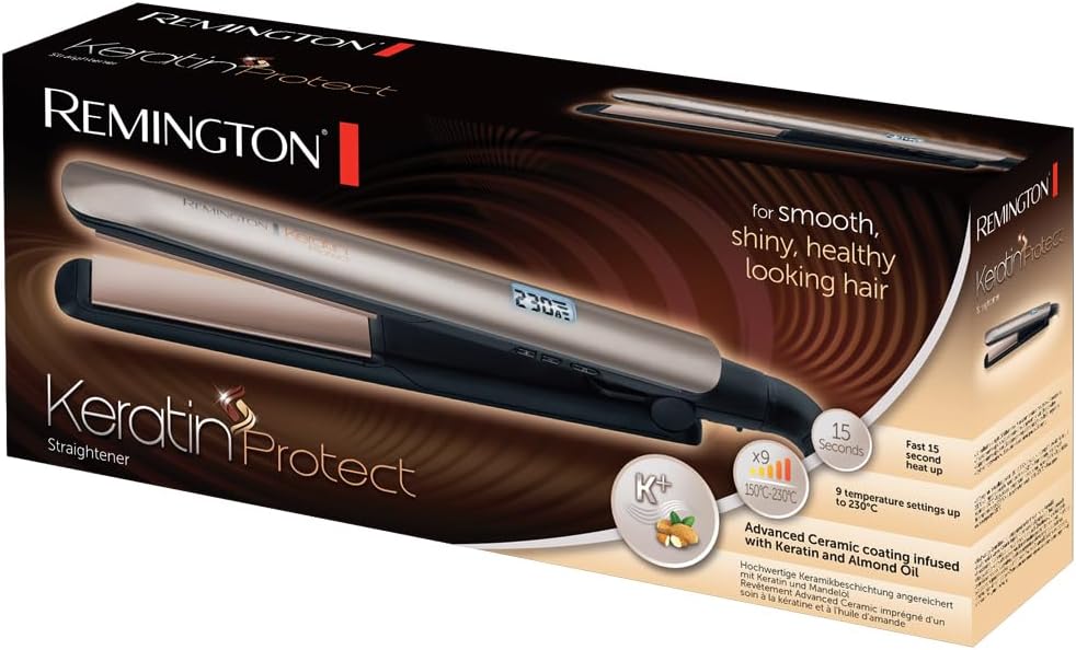 Remington Lisseur Cheveux [Soin Kératine & Huile d'amande] Protect (Soin des cheveux, Céramique, Ecran LCD, 10 réglages de Température 150-230°C, Voltage universel,pochette) Fer à lisser S8540