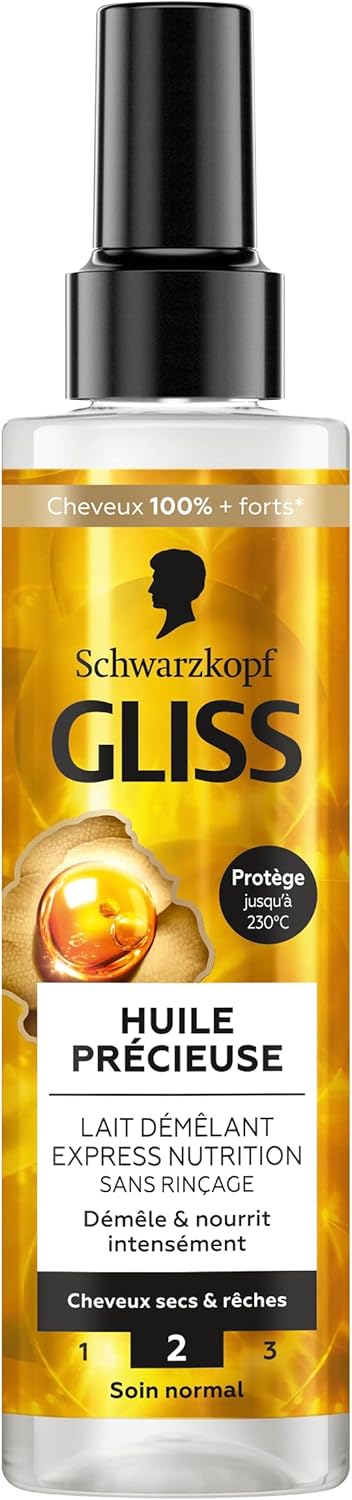 Schwarzkopf - GLISS - Lait Démêlant Express - Huile Précieuse - Nutrition - Protège jusqu'à 230°C - Démêle & Nourrit Intensément - Cheveux Sec & Rêche - Soin Normal - Sans Rinçage - 200ml