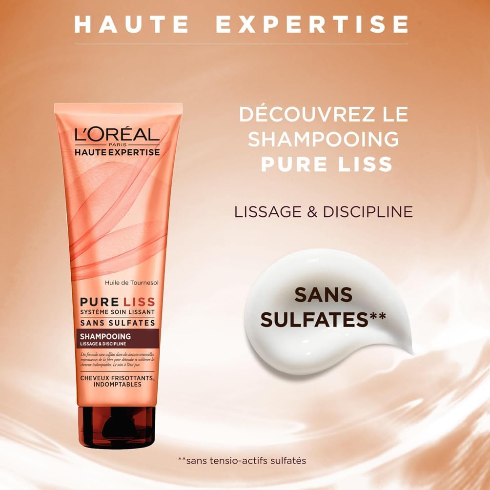 L'Oréal Paris Pure Liss Shampoing Sans Sulfate à l'Huile de Tournesol - Lissage & Discipline - Cheveux Frisés & Indomptables - 250 ml