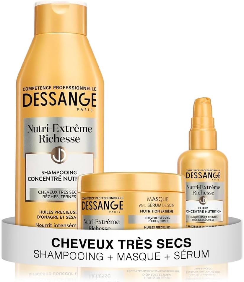 DESSANGE - Coffret Nutri-Extrême Richesse - Shampoing Nourrissant + Masque Capillaire + Elixir Concentré Nutrition - Nourrit Intensément & Redonne Douceur - Pour Cheveux Très Secs, Rêches, Ternes