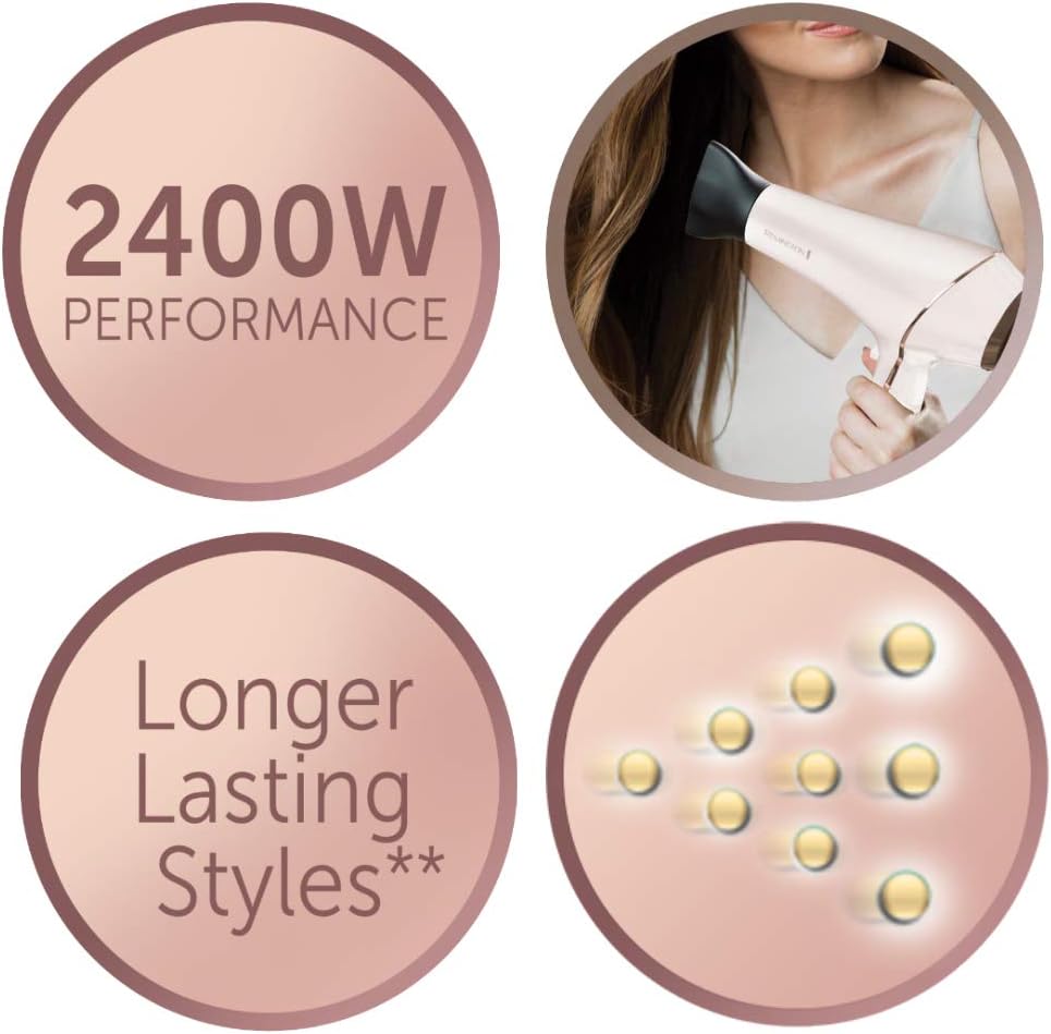 Remington Sèche-cheveux Ionique [Technologie OptiHeat] PROluxe (2400W, moteur AC longue durée, tenue 24 H & résultat salon, 3 températures/ 2 vitesses, 3 concentrateurs + 1 diffuseur volume) AC9140
