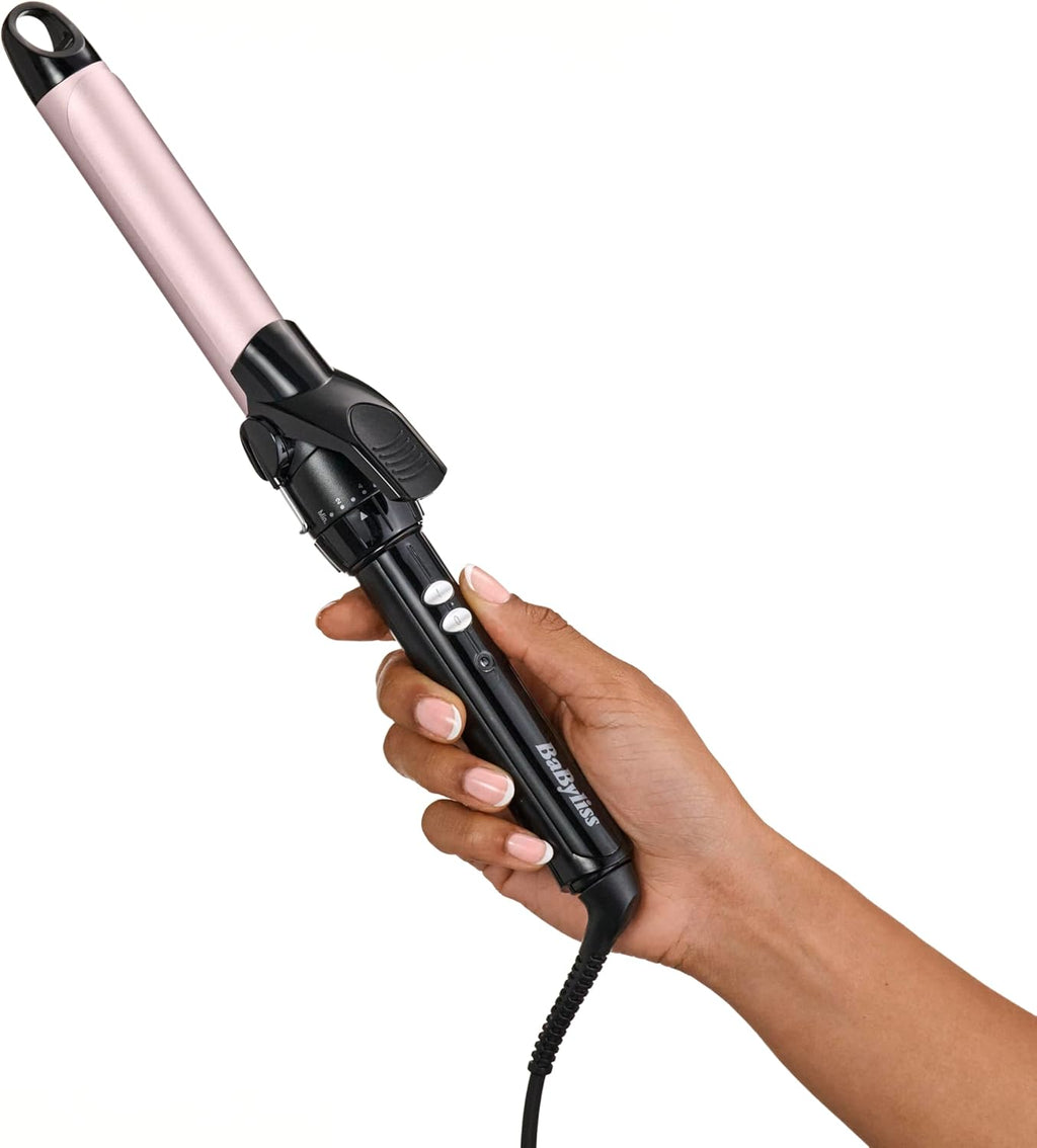 BaByliss Boucleur à pince 25 mm Curling Tong - Cylindre à revêtement ultra-doux Sublim' Touch, 10 réglages de température, Boucleur professionnel avec support de sécurité intégré, Noir et rose, C325E