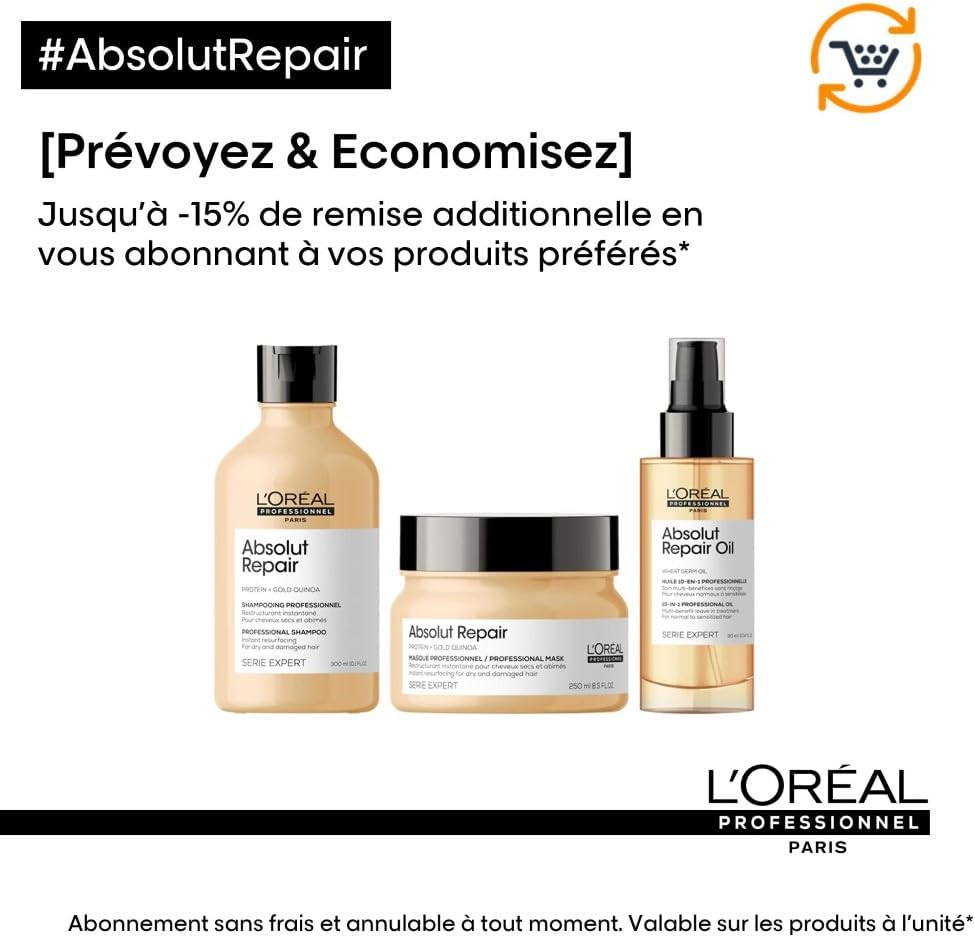 L'Oréal Professionnel, Absolut Repair, Cheveux Secs & Abîmés, Shampoing Réparateur, Masque Restructurant, Huile 10 en 1, Répare Instantanément, Protège & Nourrit la Fibre, Série Expert