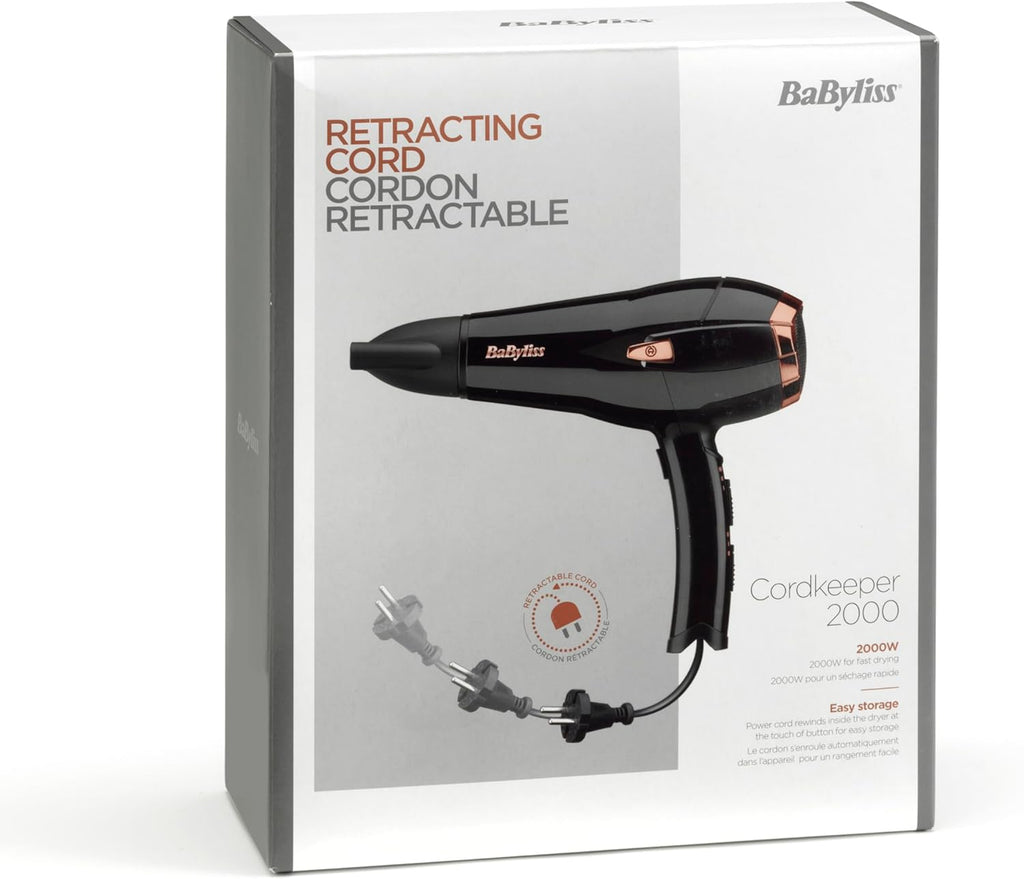 BaByliss Sèche-cheveux Cordkeeper - Sèche-cheveux puissant de 2000W avec 1,65m cordon rétractable, Technologie ionique anti-frisottis, 3 réglages de température et 2 réglages de vitesse, Noir, D373E