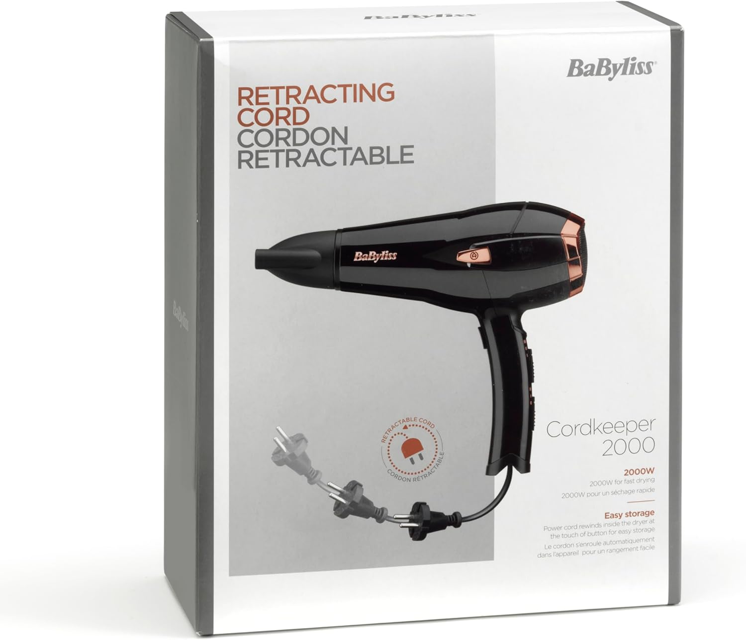 BaByliss Sèche-cheveux Cordkeeper - Sèche-cheveux puissant de 2000W avec 1,65m cordon rétractable, Technologie ionique anti-frisottis, 3 réglages de température et 2 réglages de vitesse, Noir, D373E