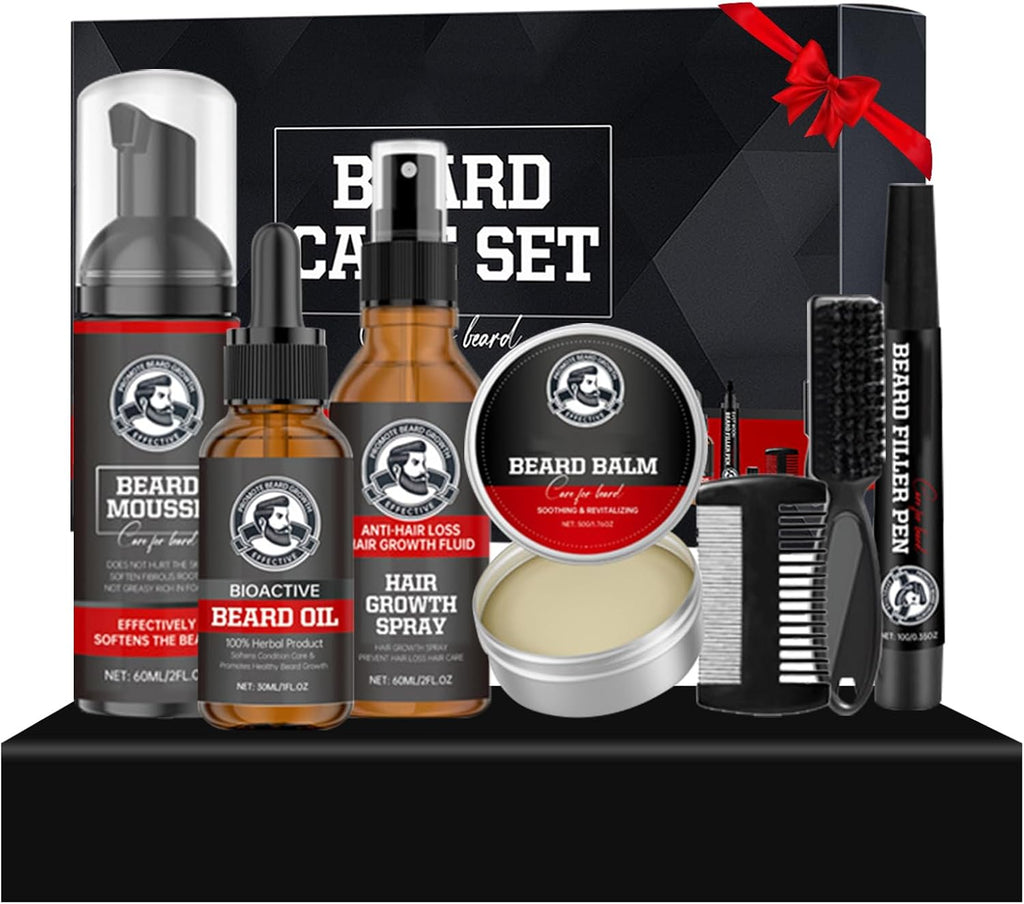 Kit Barbe Homme, 7 Soin de la Barbe Huile avec Mousse Nettoyante/Spray/Huile Essentielle/Crème De Soin/Stylo/Brosse/Peigne à Barbe, Cadeau Idéal pour Tous les Hommes