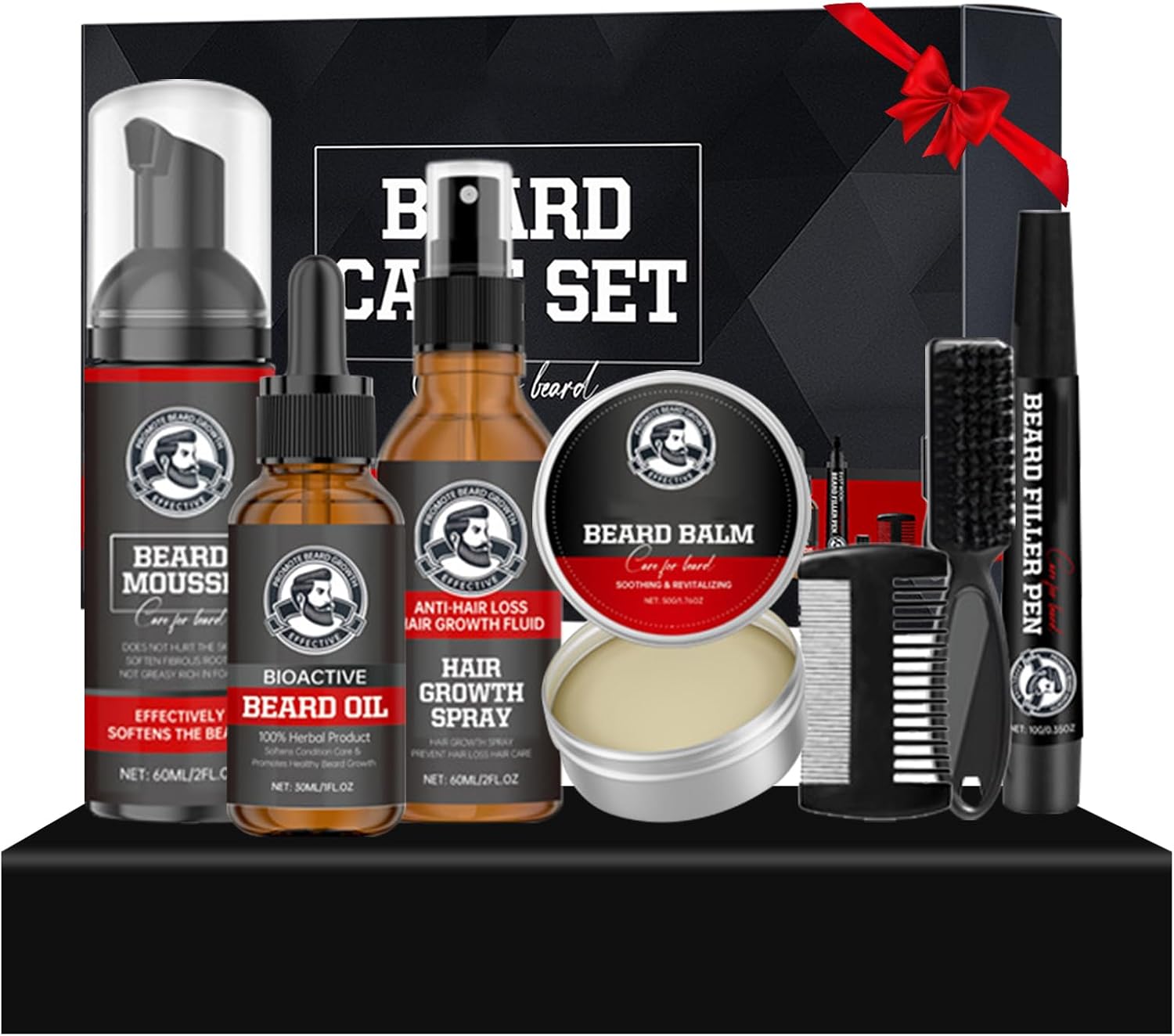 Kit Barbe Homme, 7 Soin de la Barbe Huile avec Mousse Nettoyante/Spray/Huile Essentielle/Crème De Soin/Stylo/Brosse/Peigne à Barbe, Cadeau Idéal pour Tous les Hommes