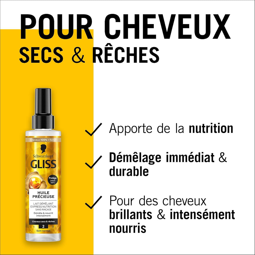 Schwarzkopf - GLISS - Lait Démêlant Express - Huile Précieuse - Nutrition - Protège jusqu'à 230°C - Démêle & Nourrit Intensément - Cheveux Sec & Rêche - Soin Normal - Sans Rinçage - 200ml