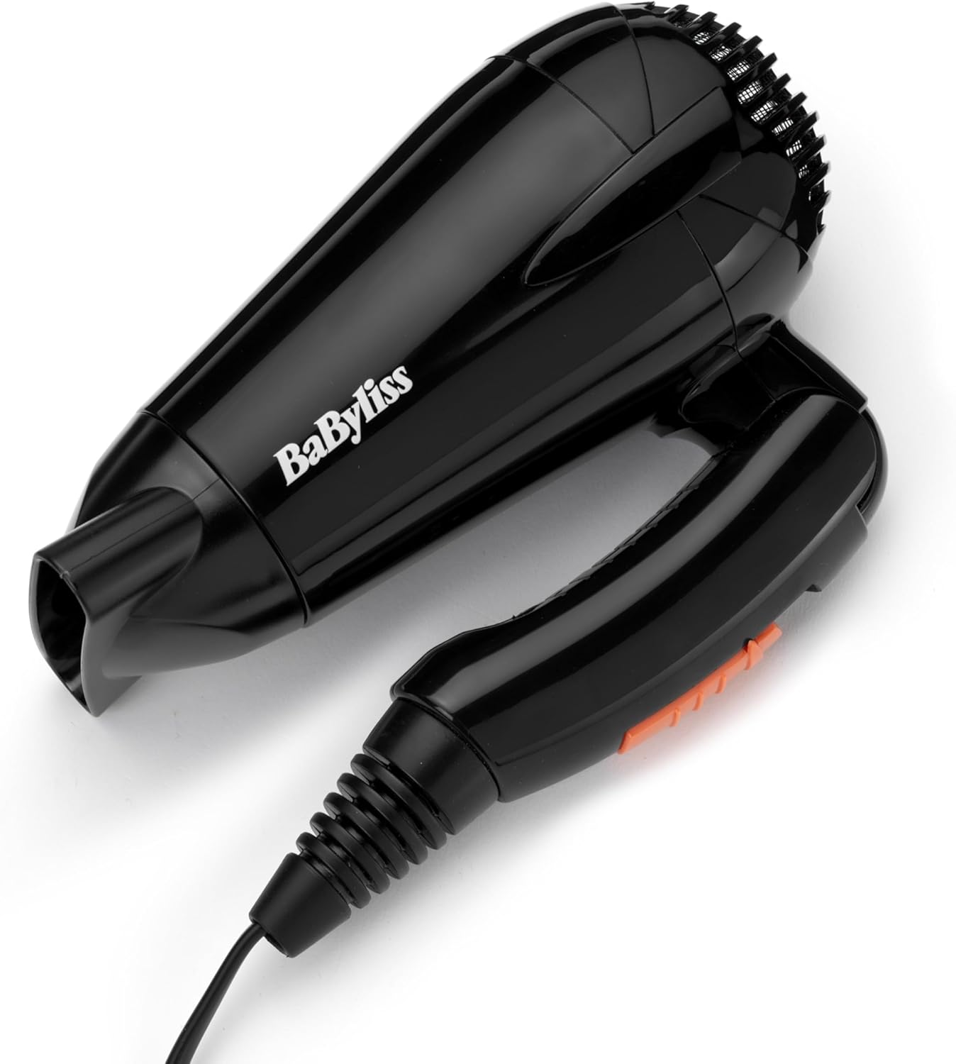 BaByliss Sèche-cheveux de voyage pliable Sèche-cheveux léger et puissant de 2000 W, Bi-voltage, Utilisation universelle, 2 réglages de température/vitesse, Noir/orange, 5344E