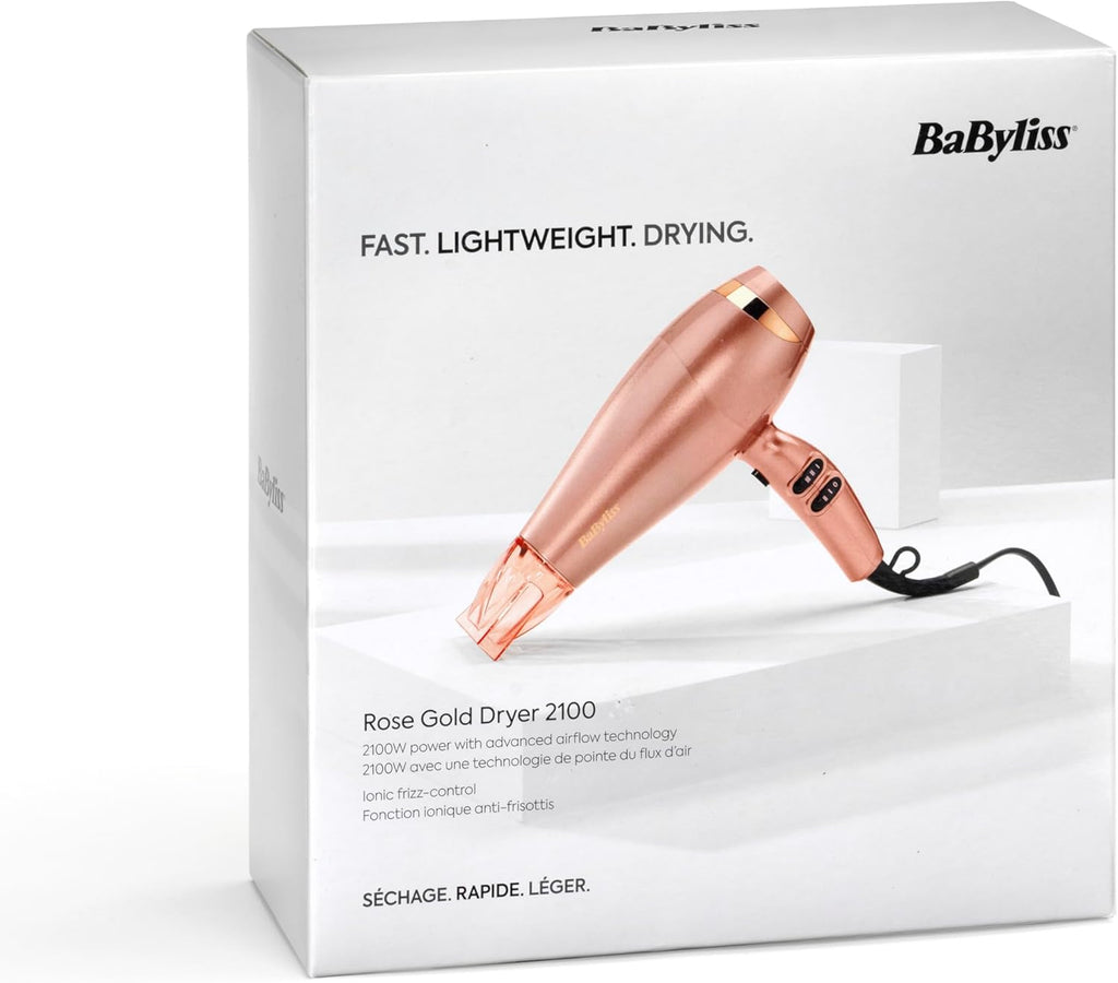 BaByliss Sèche-cheveux Rose Gold - Sèche-cheveux léger et puissant, 2100W, Fonction ionique, Technologie céramique, Séchage rapide, 3 températures et 2 vitesses, Rose gold, 5336PE