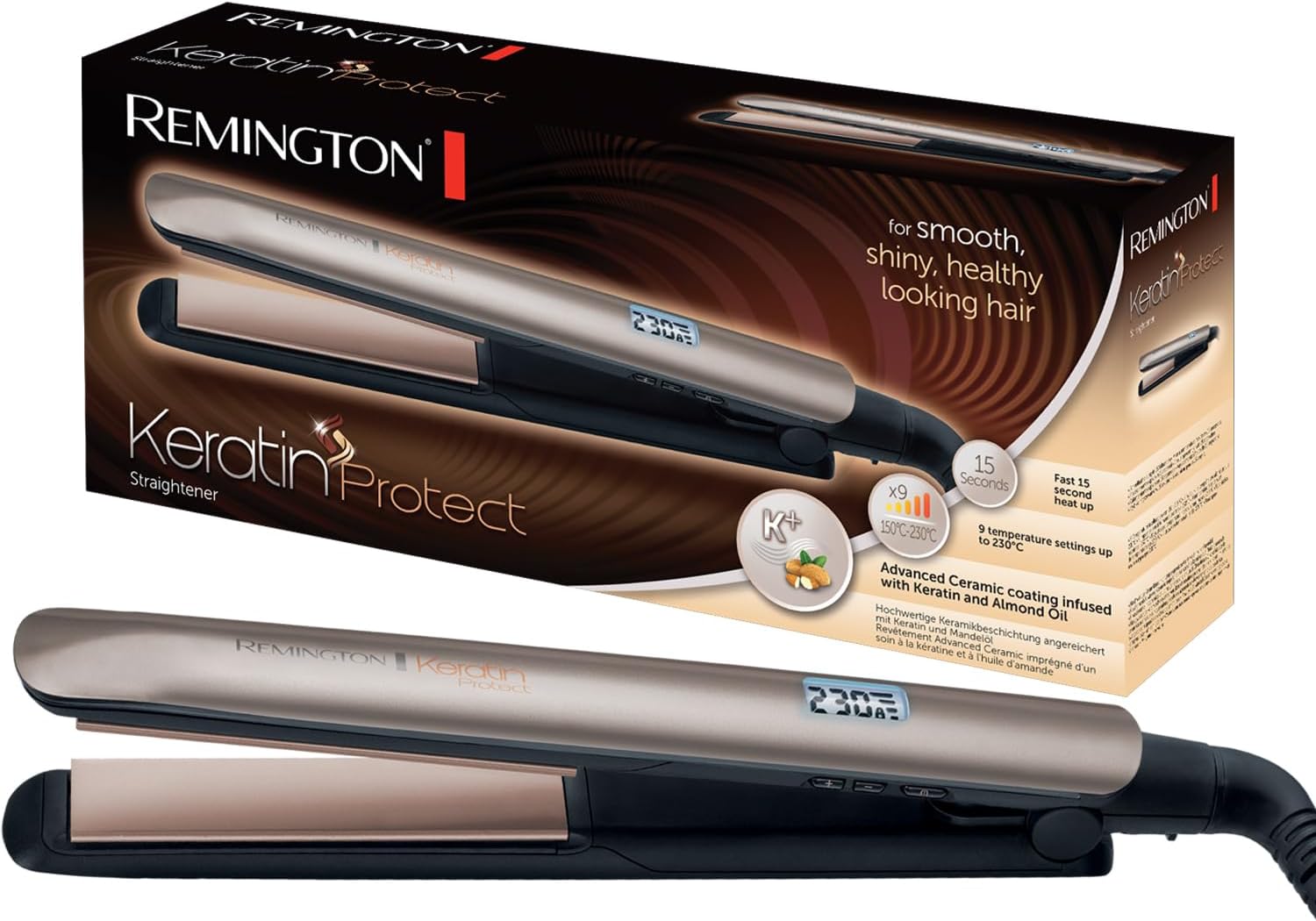 Remington Lisseur Cheveux [Soin Kératine & Huile d'amande] Protect (Soin des cheveux, Céramique, Ecran LCD, 10 réglages de Température 150-230°C, Voltage universel,pochette) Fer à lisser S8540