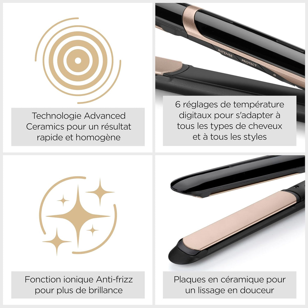 BaByliss Lisseur Cheveux Super Smooth- Technologie ionique anti-frisottis, Tapis thermorésistant, Plaques en céramique pour un lissage parfait, Chauffe ultra-rapide, Températures de 140-235°C, ST393E