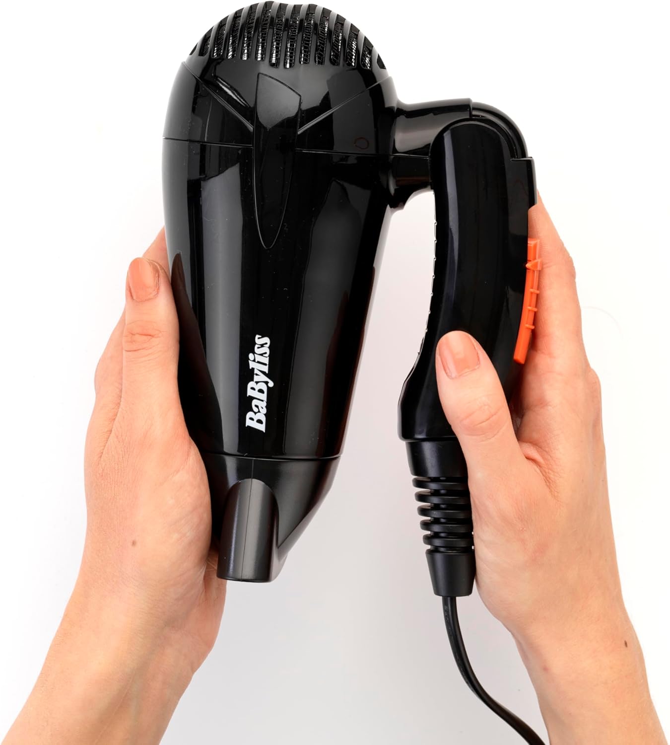 BaByliss Sèche-cheveux de voyage pliable Sèche-cheveux léger et puissant de 2000 W, Bi-voltage, Utilisation universelle, 2 réglages de température/vitesse, Noir/orange, 5344E