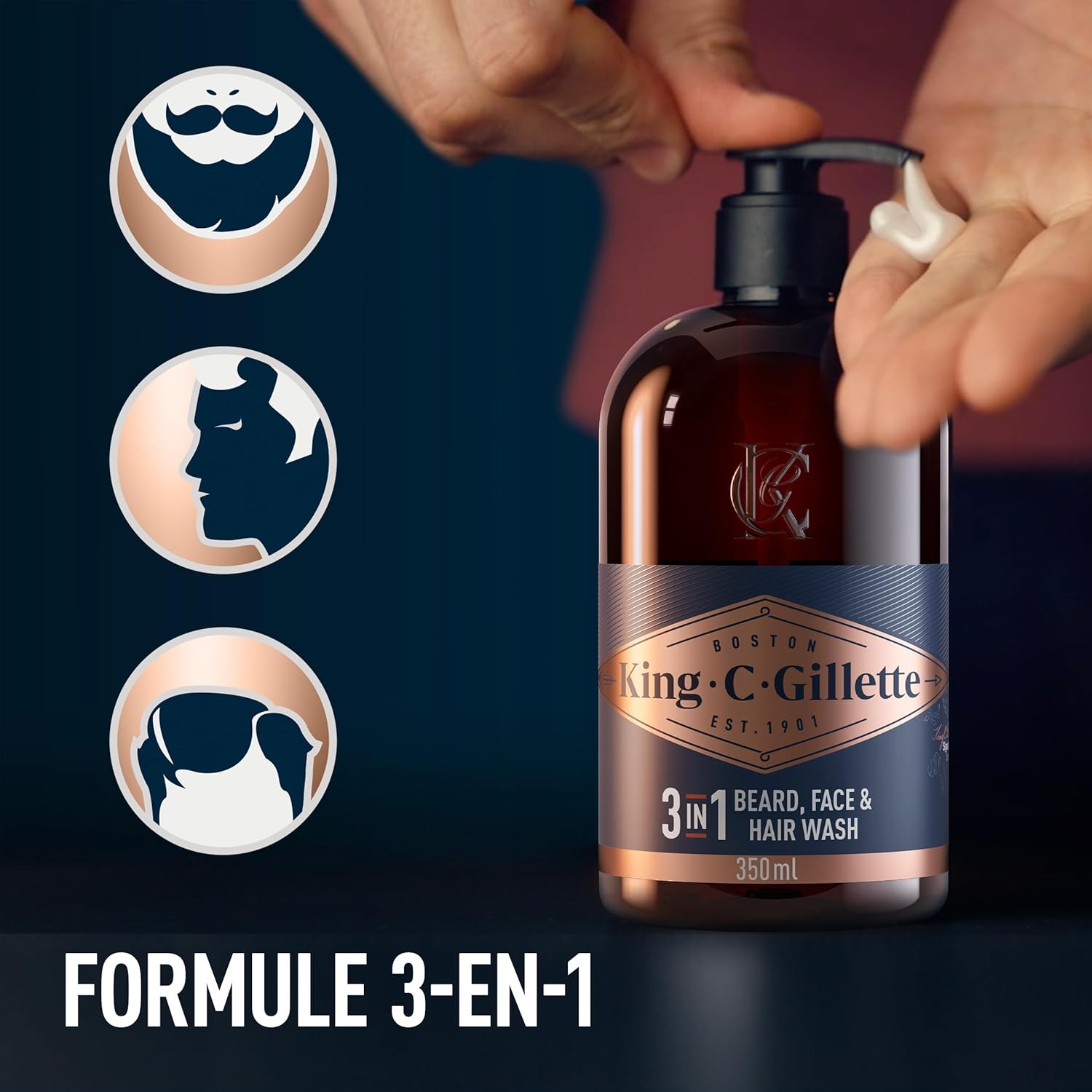 Gillette King C Nettoyant 3-en-1 Pour Barbe, Visage Et Cheveux, Revitalise Et Nettoie En Profondeur, Conçu Pour La Routine De Soin Quotidien, Doté D’Un Parfum Masculin, Formule Avec De L’Huile D’Argan