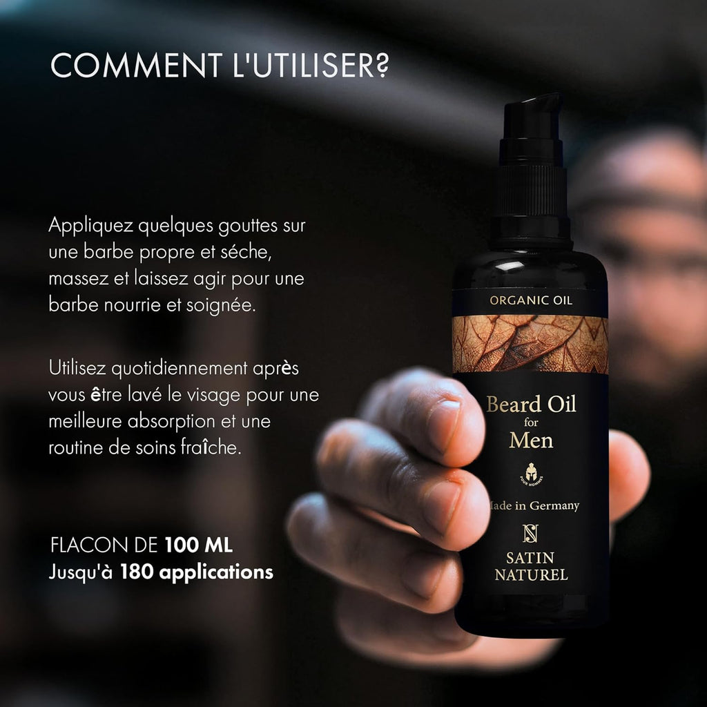 Satin Naturel Huile Barbe Homme Bio 100ml – Argan, Amande Douce & Jojoba – Soin Barbe pour Pousse & Douceur – Barbe Soignée & Hydratée – Pour Peaux Sensibles