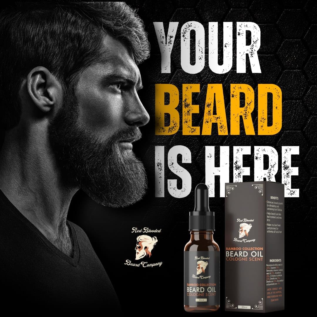 Red-Blooded Huile Barbe Homme parfumée à la Cologne - Aidant votre barbe à avoir un aspect, une sensation et une odeur irrésistibles - Végétalien