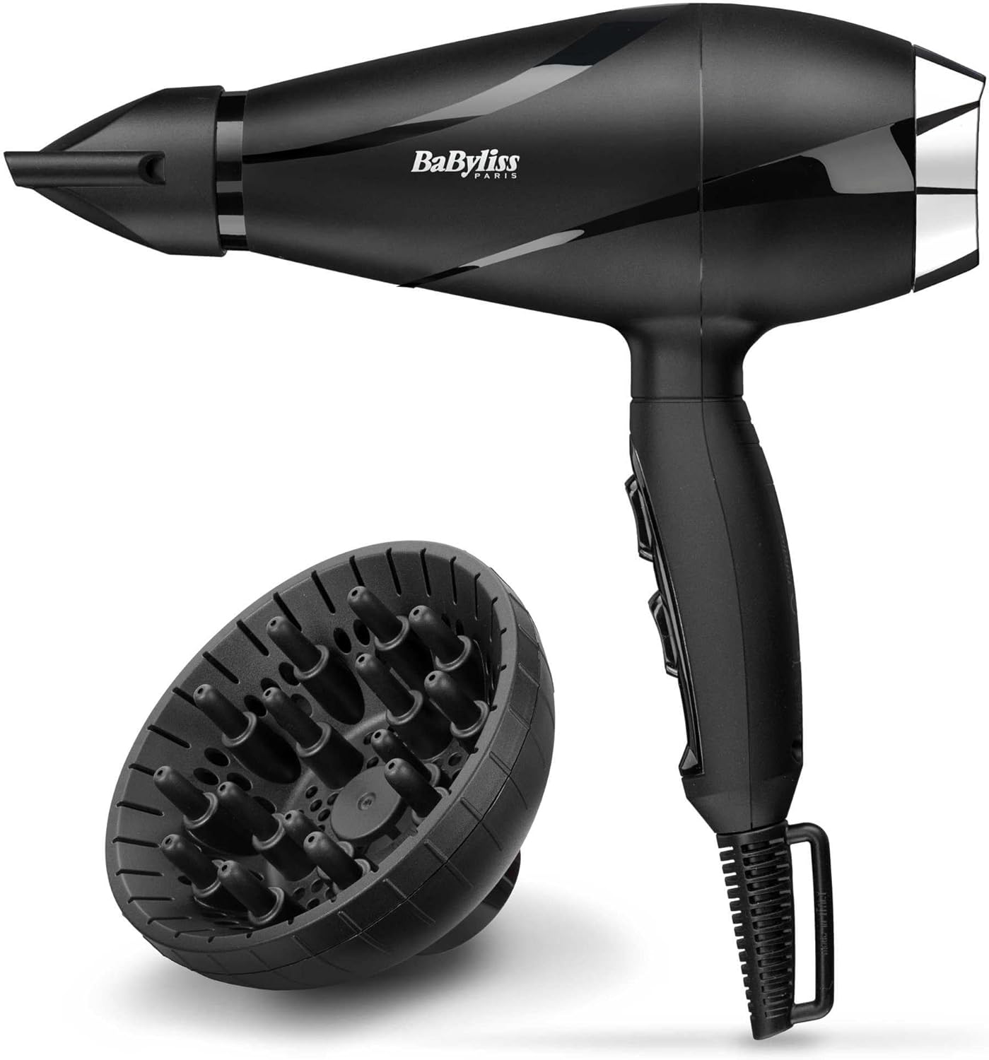 BaByliss Sèche-cheveux Shine Pro 2200 - 2200W, Technologie ionique, Technologie anti-frisottis, Diffuseur et concentrateur inclus, Fabriqué en Italie, Noir, 6713DE